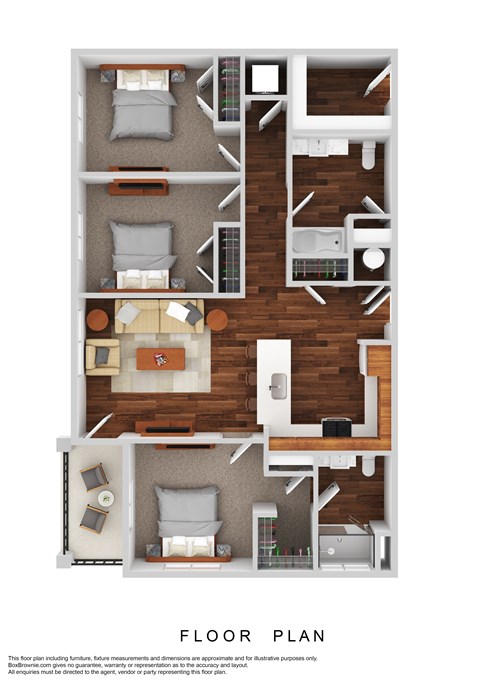 Floor plan for 3 beds, 2 baths, 1127 sqft